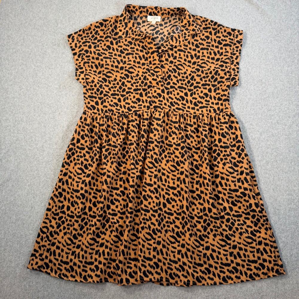 Umgee Women's Small Leopard Print Collared Short Sleeve Babydoll Mini Dress